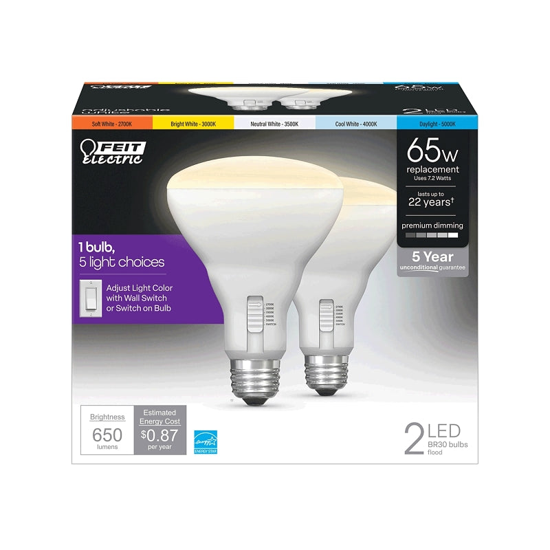 Feit Electric BR30DM/6WYCA/2 LED Bulb, BR30 Lamp, 65 W Equivalent, E26 Medium Lamp Base, Dimmable, White, Tunable White