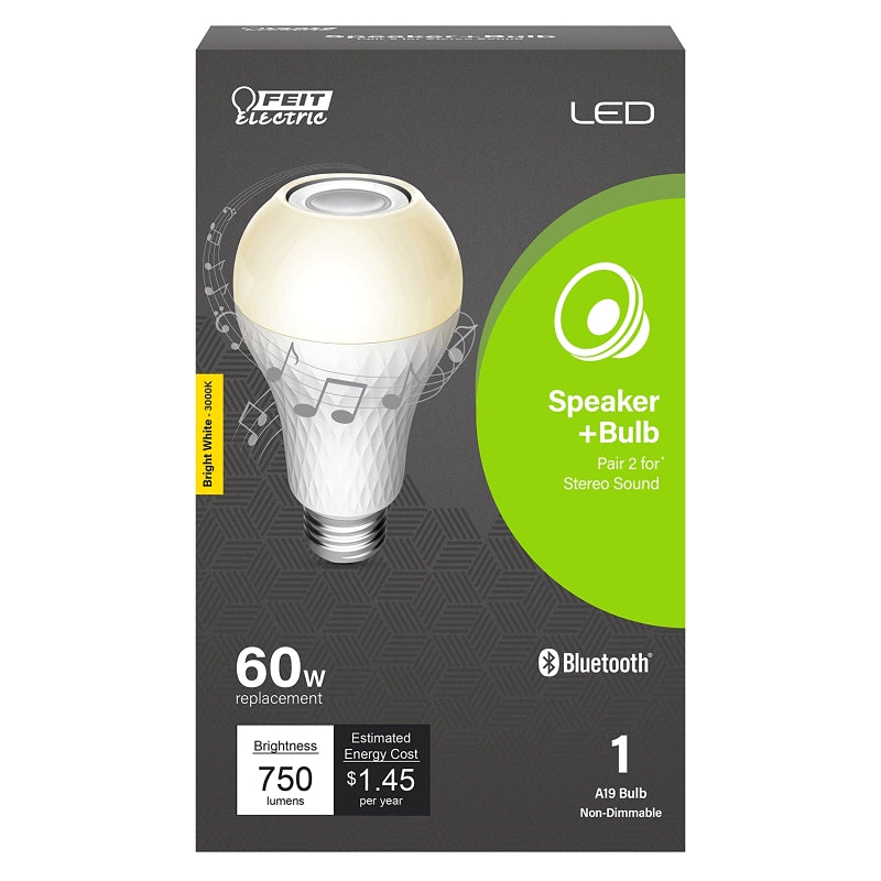 Feit Electric BTOM60/5CCT/CA Light Bulb with Speaker, A19 Lamp, 60 W Equivalent, E26 Medium Lamp Base, White
