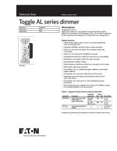 Eaton Wiring Devices AL TUL06P-C2-KB-L Toggle Dimmer, 120 V, 300 W, CFL, LED Lamp, 3-Way, White/Light Almond/Ivory