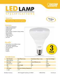 Feit Electric BR30/10KLED/3 LED Bulb, Flood/Spotlight, BR30 Lamp, 65 W Equivalent, E26 Medium Lamp Base, Non-Dimmable