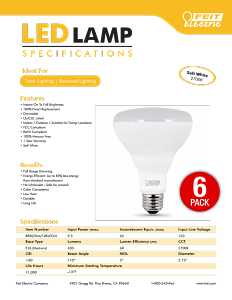 Feit Electric BR30/DM/10KLED/6 LED Bulb, Flood/Spotlight, BR30 Lamp, 65 W Equivalent, E26 Medium Lamp Base, Dimmable