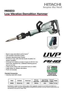 Metabo HPT H65SD3M Demolition Hammer, 10.8 A, 3/8 in Chuck, 1400 bpm, 33.2 ft-lb Impact Energy