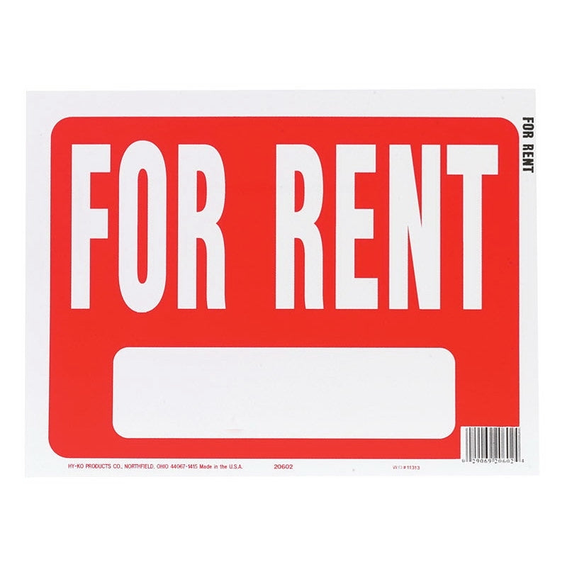Hy-Ko 20602 Identification Sign, Rectangular, FOR RENT, White Legend, Red Background, Polystyrene, Pack of 10