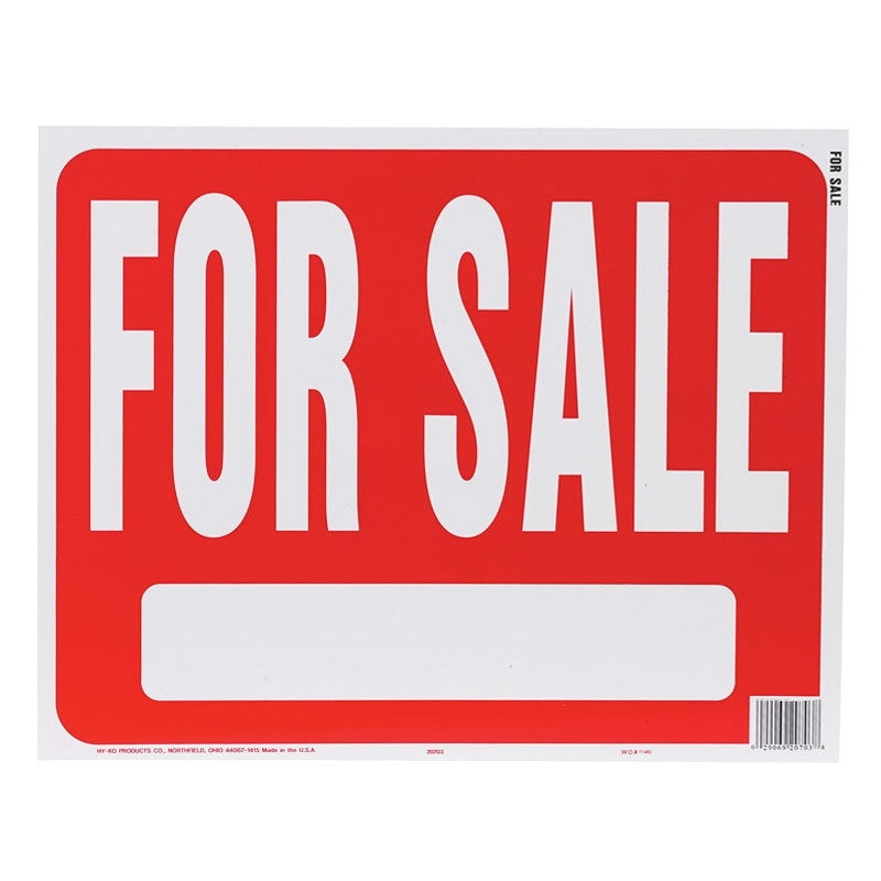 Hy-Ko 20703 Jumbo Sign, FOR SALE, SINGLE LINE, White Legend, Red Background, Plastic, 15 x 19 in Dimensions, Pack of 5