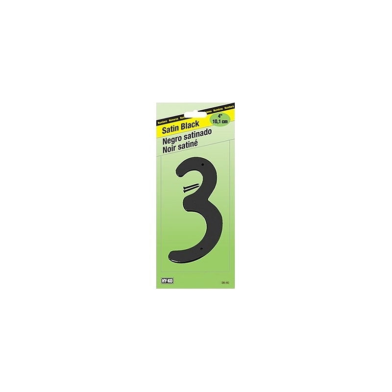 Hy-Ko BK-40 Series BK-40/3 House Number, Character: 3, 4 in H Character, Black Character, Zinc, Pack of 5