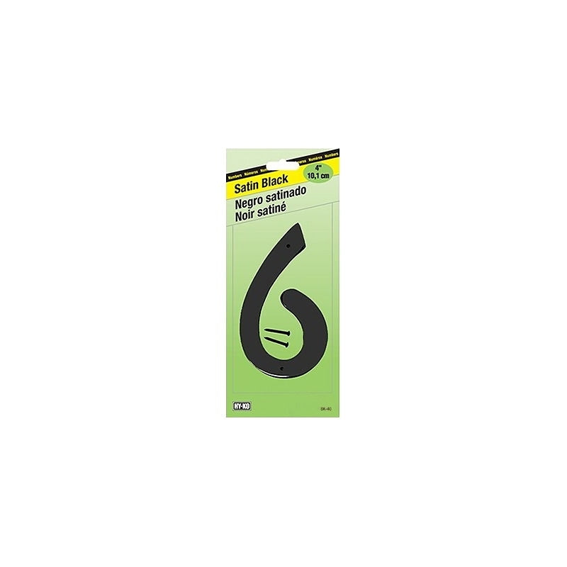 Hy-Ko BK-40 Series BK-40/6 House Number, Character: 6, 4 in H Character, Black Character, Zinc, Pack of 5