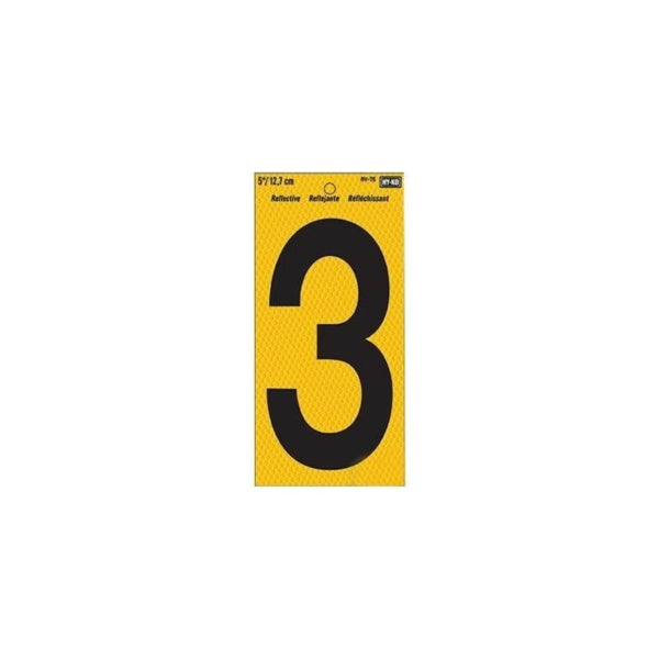 Hy-Ko RV-75 Series RV-75/3 Self-Adhesive Reflective Number, Character: 3, 5 in H Character, Black Character, Vinyl, Pack of 10