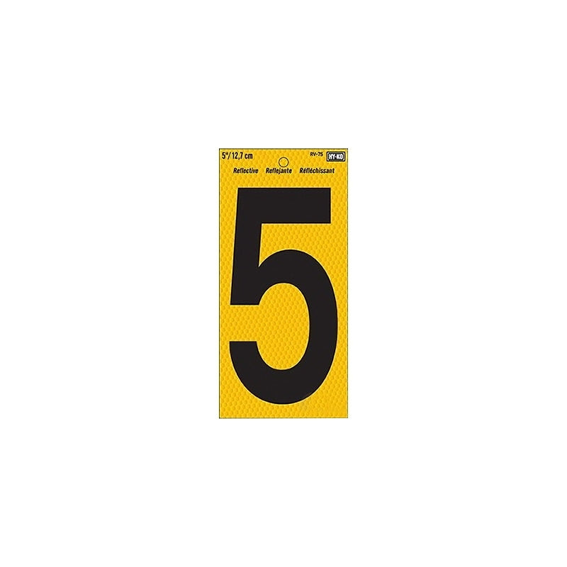 Hy-Ko RV-75 Series RV-75/5 Self-Adhesive Reflective Number, Character: 5, 5 in H Character, Black Character, Vinyl, Pack of 10