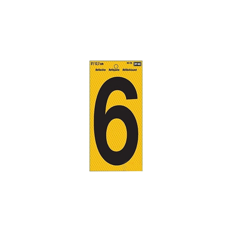 Hy-Ko RV-75 Series RV-75/6 Self-Adhesive Reflective Number, Character: 6, 5 in H Character, Black Character, Vinyl, Pack of 10