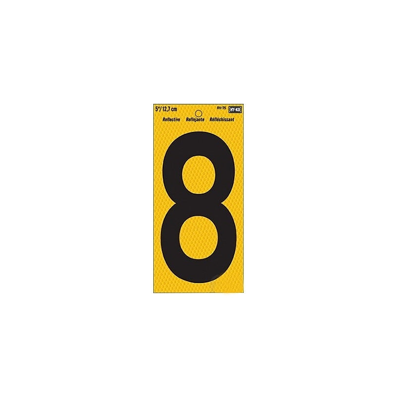 Hy-Ko RV-75 Series RV-75/8 Self-Adhesive Reflective Number, Character: 8, 5 in H Character, Black Character, Vinyl, Pack of 10