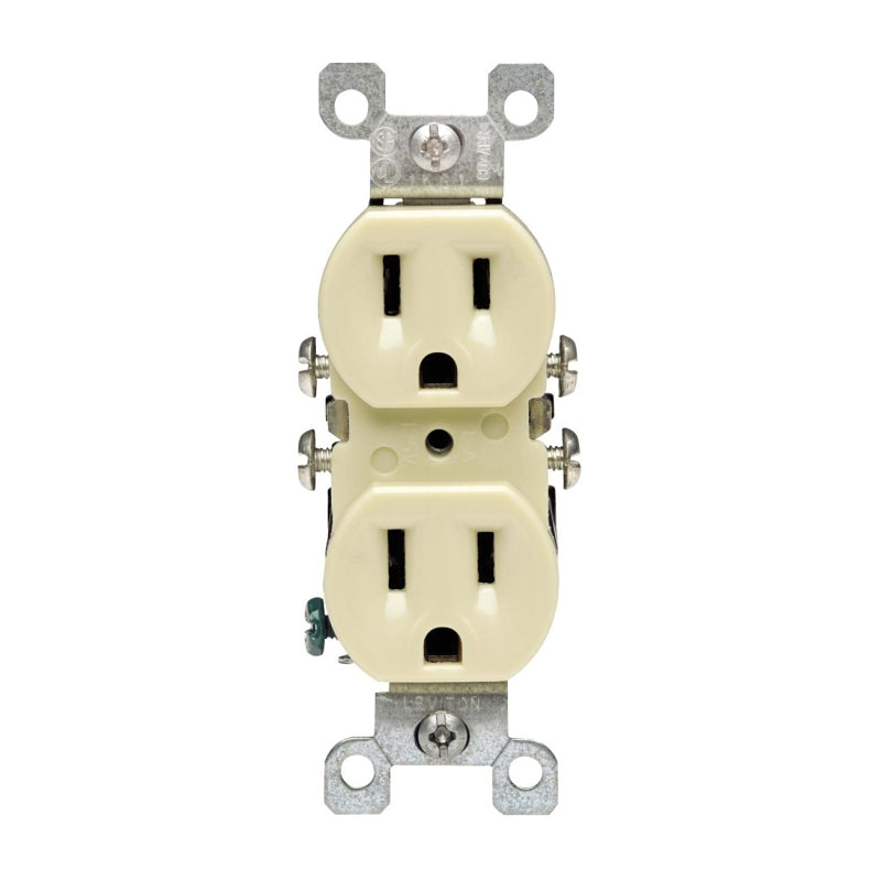 Leviton 017-12650-00I Duplex Receptacle, Thermoplastic, Ivory, 2-Pole, 15 A, 125 V, Side Wiring, NEMA: 5-15R