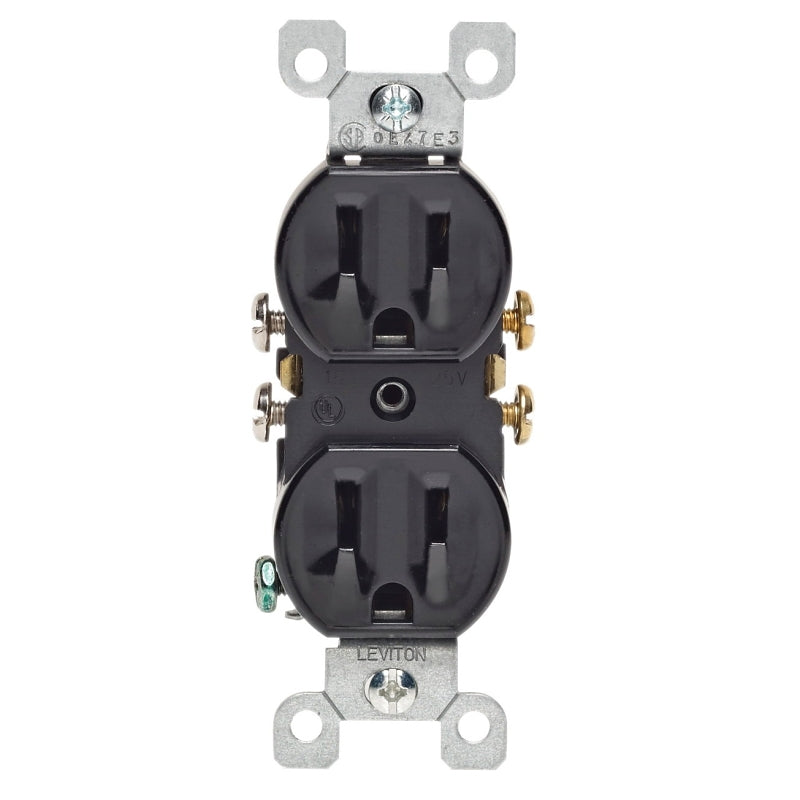 Leviton 232-05320-ECP Duplex Receptacle, Thermoplastic, Black, 2-Pole, 15 A, 125 V, Push-In, Side Wiring, NEMA: 5-15R