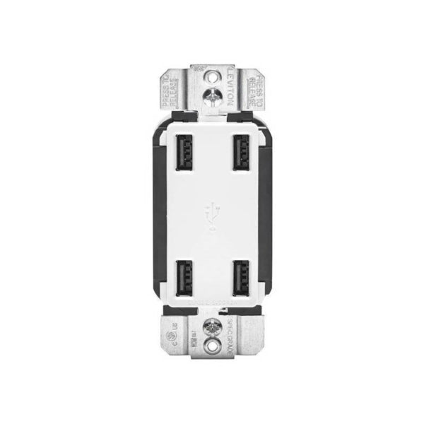 Leviton R02-USB4P-0BW USB Charger, 4 -Pole, 4.2 A, 125 V, 4 -USB Port, Type A USB, White