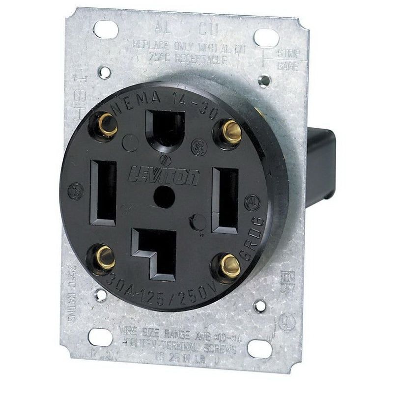 Leviton R10-00278-S00 Electrical Receptacle, Flush Mounting, 3-Pole, 125/250 V, 30 A, NEMA: NEMA 14-30R, Black