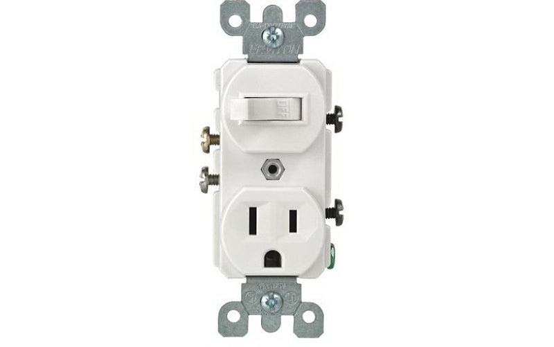 Leviton R62-T5225-0WS Combination Switch/Receptacle, 1-Pole, 15 A, 120 V Switch, 125 V Receptacle, White, Wall Mount