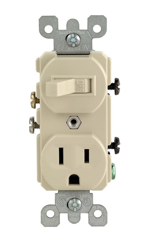 Leviton S01-05225-0IS Combination Switch/Receptacle, 1-Pole, 15 A, 120 V Switch, 125 V Receptacle, Ivory