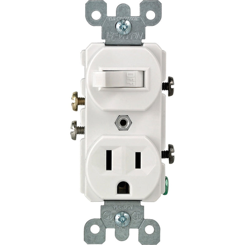 Leviton S02-05225-0WS Combination Switch/Receptacle, 1-Pole, 15 A, 120 V Switch, 125 V Receptacle, White, 1-Pole