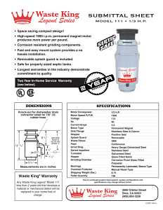 Waste King Legend Series L-111 Garbage Disposer, 1/3 hp Motor, 115 V, Stainless Steel