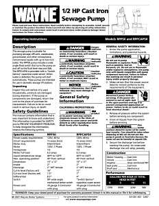 Wayne RPP50 Sewage Pump, 1-Phase, 15 A, 115 V, 0.5 hp, 2 in Outlet, 20 ft Max Head, 4,800 gph, Iron