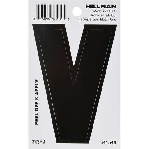 HILLMAN 3 in. Black Vinyl Self-Adhesive Letter V 1 pc, Pack of 6