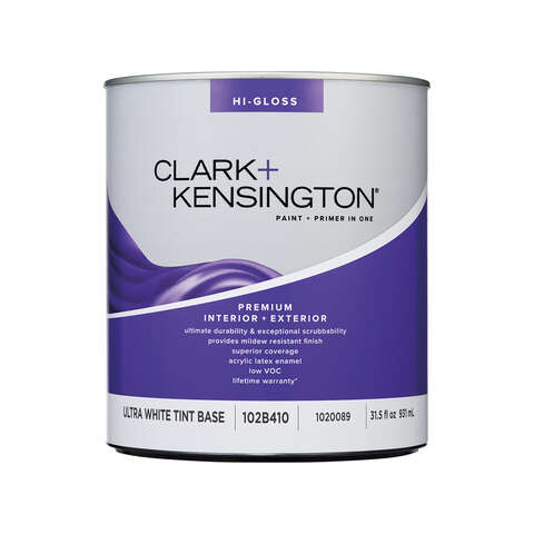 Clark+Kensington High-Gloss Tint Base Ultra White Base Premium Paint Exterior and Interior 1 qt, Pack of 4
