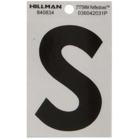 HILLMAN 3 in. Reflective Black Vinyl Self-Adhesive Letter S 1 pc, Pack of 6