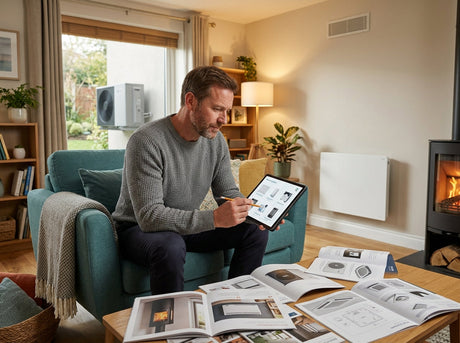 Man browsing through catalogs for HVAC filtering systems