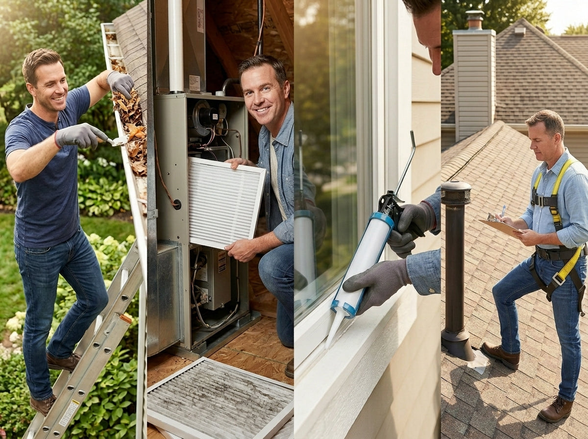 four panels oh a home owner working on maintaining his home