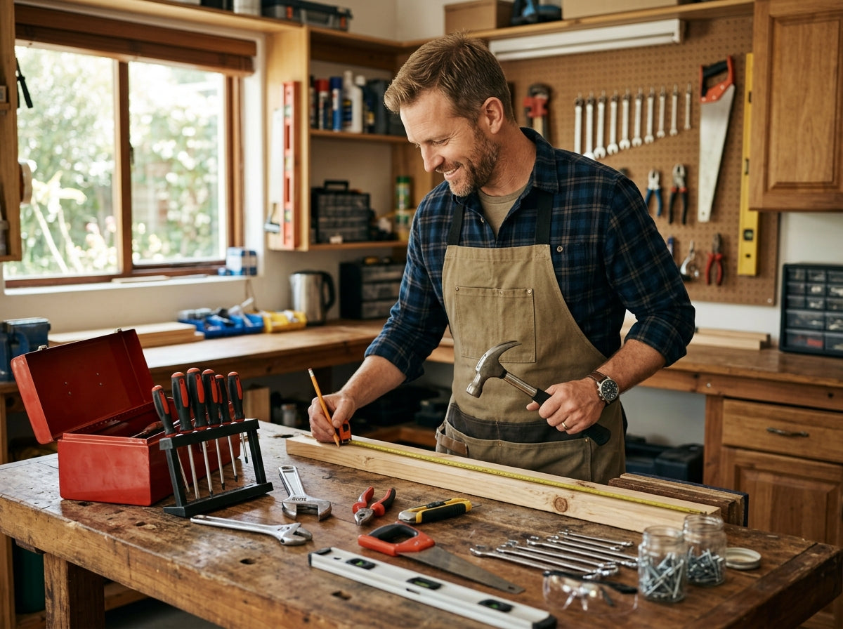man in workshop using hand tools
