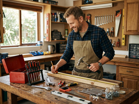 man in workshop using hand tools
