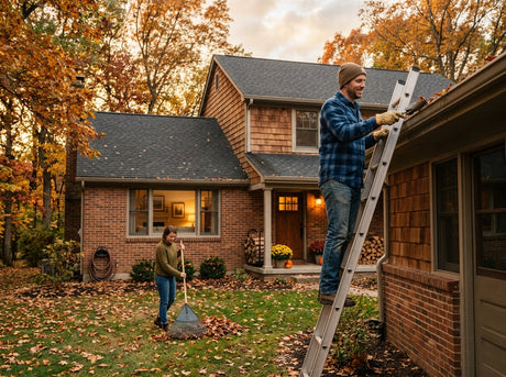 couple cleaning fall leaves in back yard