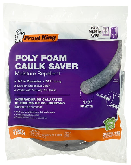 Frost King C22H Caulk Saver, 1/2 in Dia, 20 ft L, Polyfoam, Gray