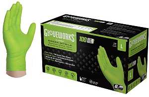 Gloveworks GWGN46100 Heavy-Duty Disposable Gloves, L, Nitrile, Powder-Free, Green, 9-1/2 in L