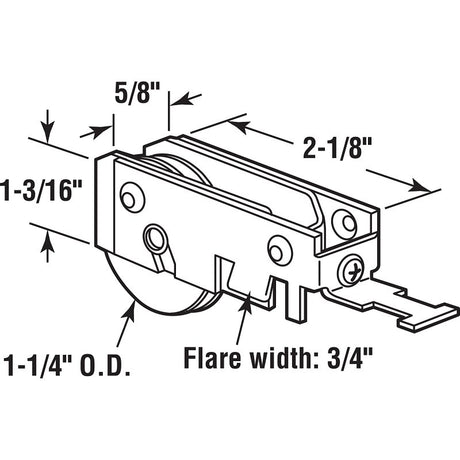 Prime-Line D 1518 Roller Assembly, 2-1/8 in L x 5/8 in W x 1-3/16 in H Dimensions, 1-1/4 in Dia Roller, 5/16 in W Roller
