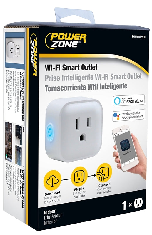 PowerZone ORRCWFII11 Wi-Fi Controlled Outlet, 1-Pole, 15 A, 125 V, Grounded Socket, Wi-Fi, White