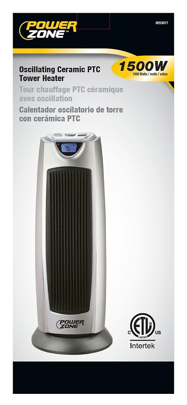 PowerZone KPT-2000BN Ceramic Tower Heater, 12.5 A, 120 V, 750 to 1500 W, 2-Heat Setting, Gray