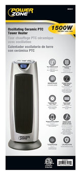 PowerZone KPT-2000BN Ceramic Tower Heater, 12.5 A, 120 V, 750 to 1500 W, 2-Heat Setting, Gray