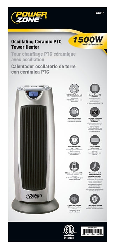 PowerZone KPT-2000BN Ceramic Tower Heater, 12.5 A, 120 V, 750 to 1500 W, 2-Heat Setting, Gray