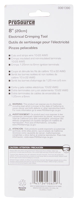 ProSource JL-SST-401183L Cable Crimper, 10 to 22 AWG Wire, 10 to 22 AWG Stripping, 10 to 22 AWG Cutting Capacity