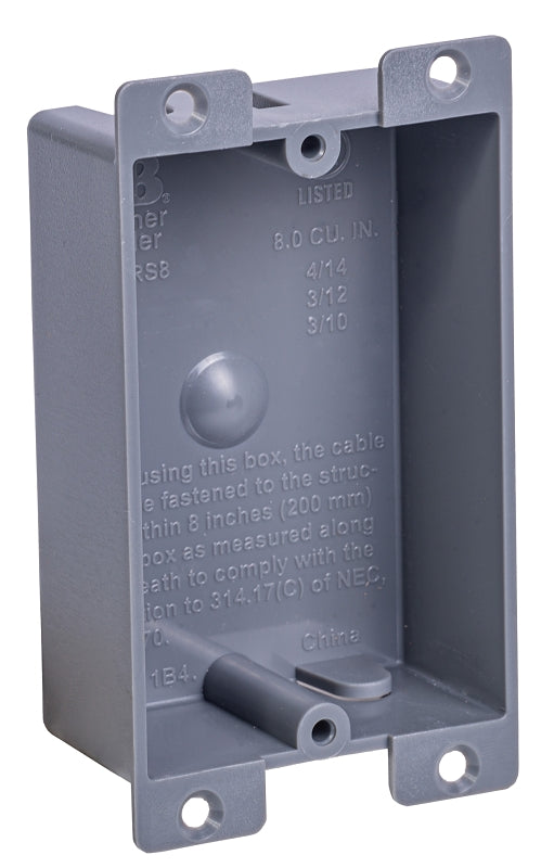 Gardner Bender BOX-RS8 Switch/Outlet Box, Shallow Outlet, 1-Gang, PVC, Gray, In-Wall Mounting