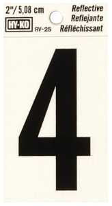 Hy-Ko RV-25 Series RV-25/4 Self-Adhesive Reflective Number, Character: 4, 2 in H Character, Black Character, Vinyl, Pack of 10