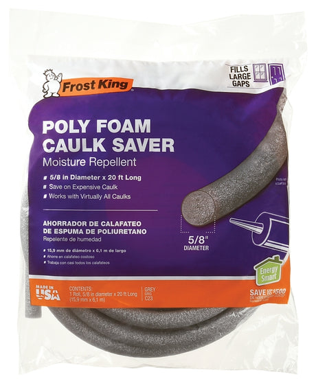 Frost King C23H Caulk Saver, 5/8 in Dia, 20 ft L, Polyfoam, Gray