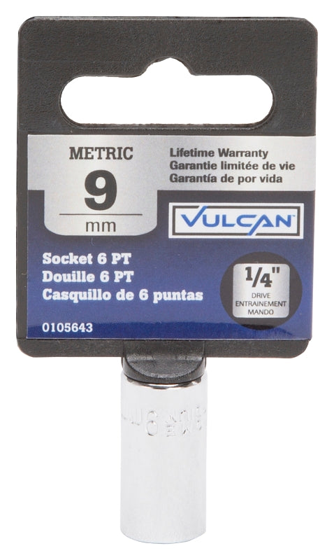 Vulcan MT6490106 Drive Socket, 9 mm Socket, 1/4 in Drive, 6-Point, Chrome Vanadium Steel, Chrome