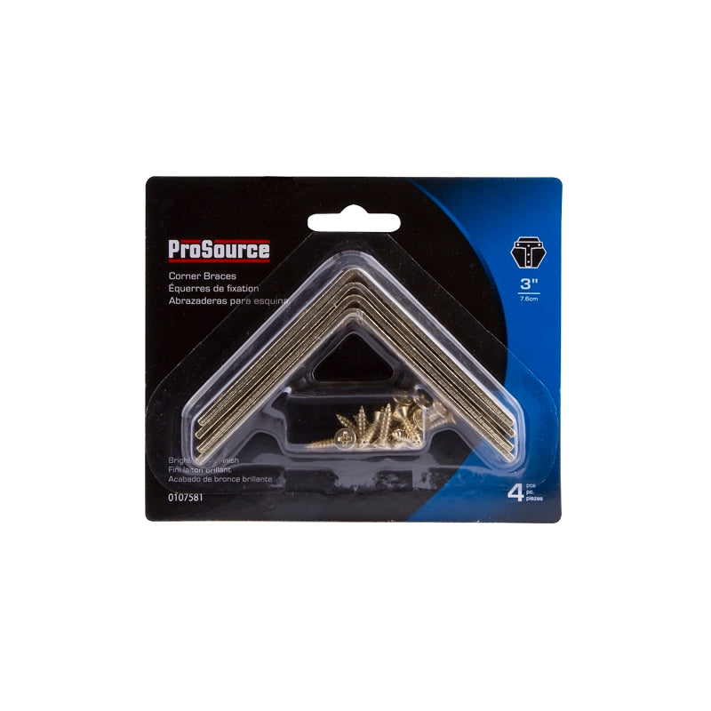 ProSource CB-S03-C4PS Corner Brace, 3 in L, 3 in W, 3/4 in H, Steel, Bright Brass, 2.6 mm Thick Material