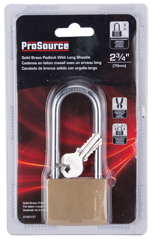 ProSource HD-250DLS Padlock, Long Shackle, 5/16 in Dia Shackle, 3 in H Shackle, Steel Shackle, Brass Body, Solid Brass
