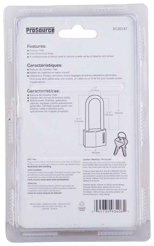 ProSource HD-250DLS Padlock, Long Shackle, 5/16 in Dia Shackle, 3 in H Shackle, Steel Shackle, Brass Body, Solid Brass