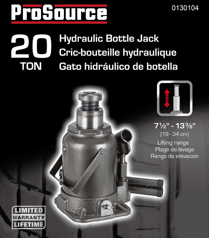 ProSource T010520 Hydraulic Short Bottle Jack, 20 ton, 7-1/2 to 13-3/8 in Lift, Steel, Gray