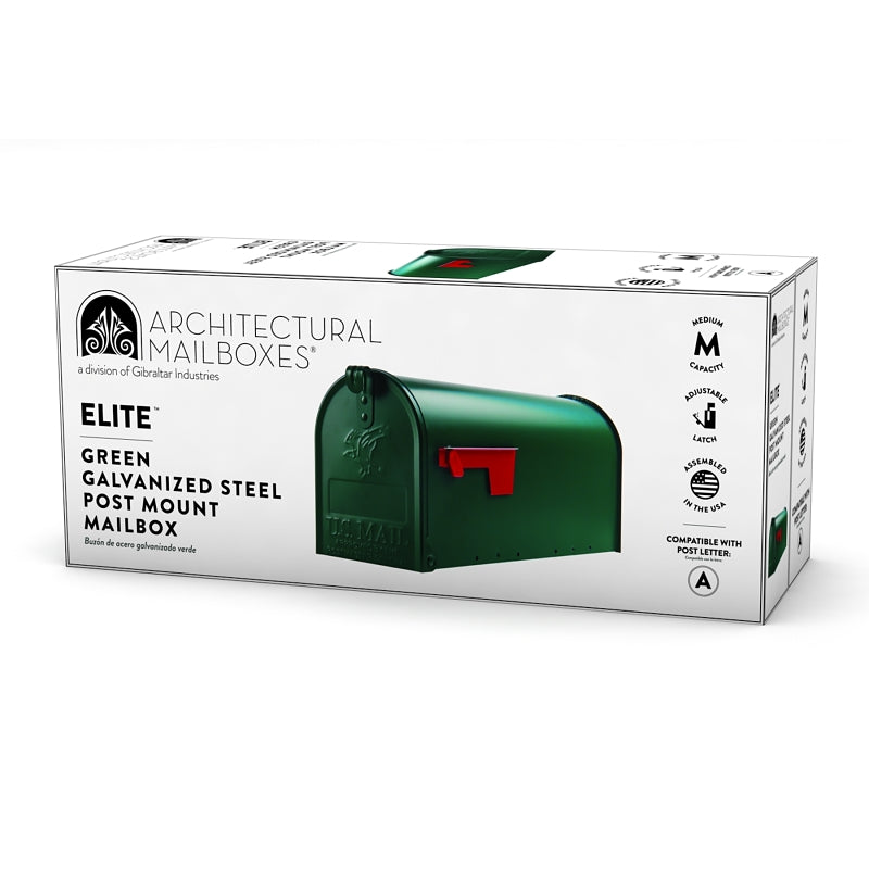 Gibraltar Mailboxes Elite Series E1100G00 Mailbox, 800 cu-in, Steel, Powder-Coated, 6.9 in W, 20.1 in D, 8.9 in H, Green