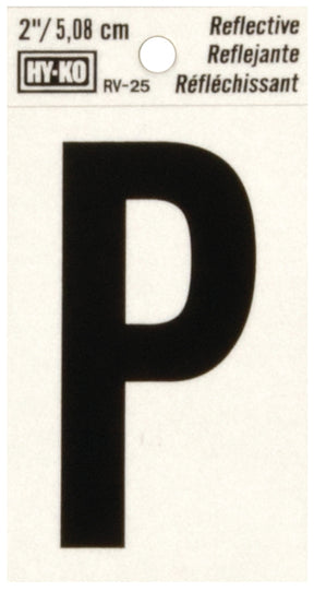 Hy-Ko RV-25/P Reflective Letter, 1-1/2 in W x 3 in H Dimensions, Character: P, 2 in H Character, Black Character, Vinyl, Pack of 10
