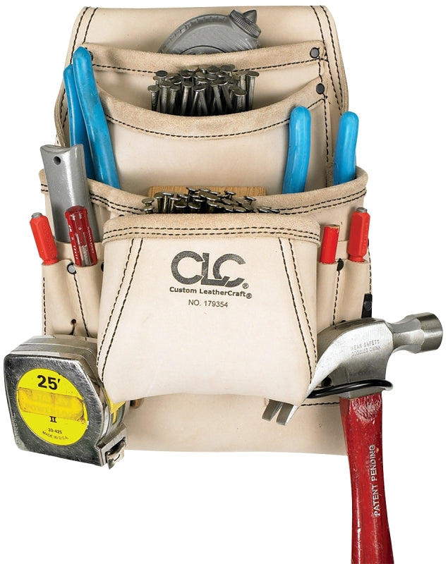 CLC Tool Works Series 179354 Carpenter's Nail/Tool Bag, 20 in W, 20-1/2 in H, 10-Pocket, Leather, White